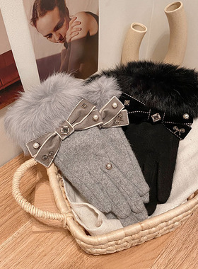 韩版新款兔毛口蝴蝶结手套羊毛呢分指保暖加厚手工手套骑车女触屏