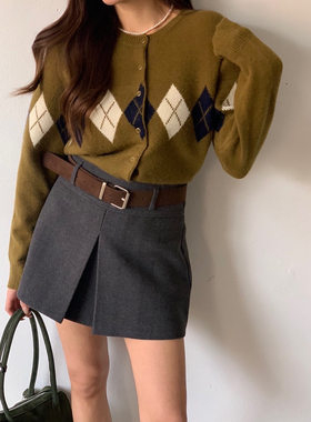 韩国chic冬季新款ins复古菱格纹纽扣百搭针织开衫