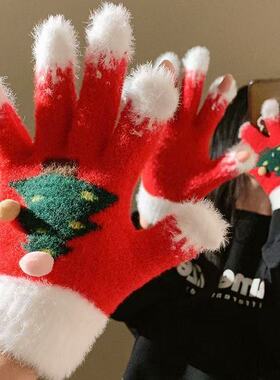 冬季卡通圣诞针织手套女露指可触屏加绒加厚学生骑行保暖手套