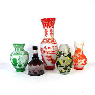 高端葛蕾雕花彩色浮雕琉璃花瓶孤品家居台面落地轻奢艺术装饰摆件