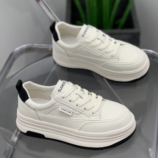 轻便舒适厚底加绒板鞋 显瘦拼色百搭休闲女鞋 女2026春季 真皮小白鞋