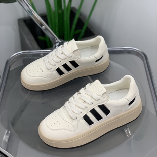 真皮板鞋女2025年春季厚底百搭小白鞋女系带网红休闲拼色运动鞋子