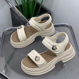 子 厚底露趾凉鞋 女2025年夏季 外穿沙滩鞋 百搭增高显瘦魔术贴休闲鞋