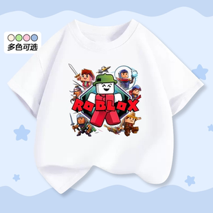 Roblox男童夏季纯棉短袖男孩t恤童装儿童中大童套头圆领半袖上衣