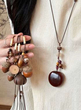 新中式国风长款橡果吊坠项链女复古民族风唐装汉服毛衣配饰高级感