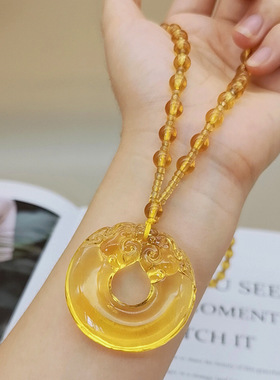 双龙平安扣吊坠国风黄水晶串珠项链长复古民族风毛衣链女配饰挂件