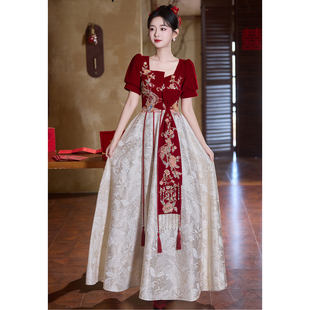 订婚礼服裙大码 春季 胖mm显瘦回门服 敬酒服新娘2026新款 酒红色中式