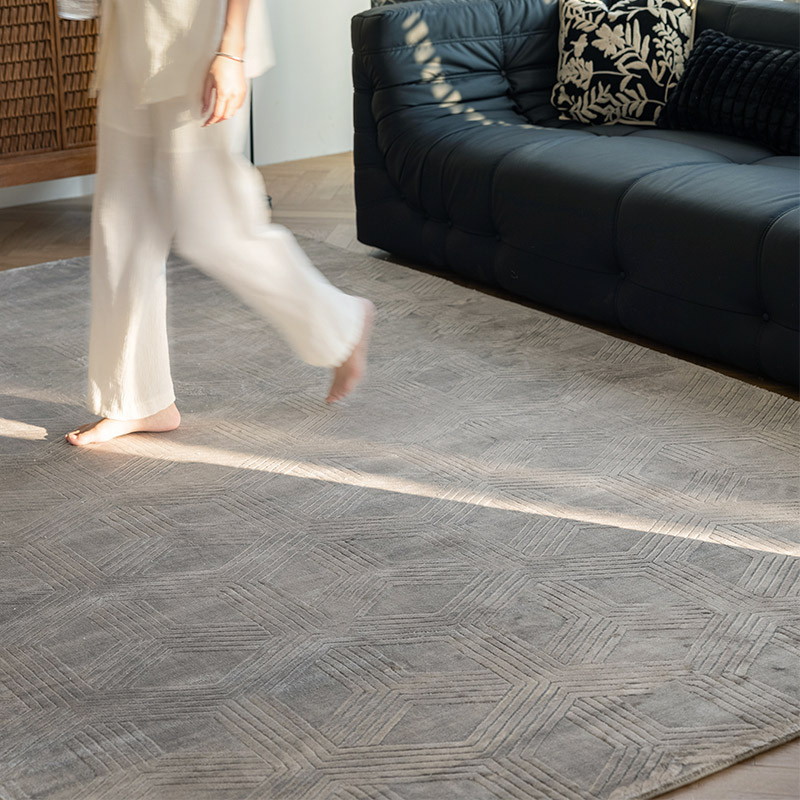 丝质大地毯 高端轻奢米色浅灰色几何客厅卧室大牌沙发毯地垫无胶