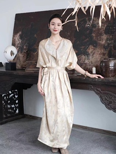 盛唐牡丹新中式 真丝提花香槟金喜上眉梢连衣裙拍改价3480 2023夏季