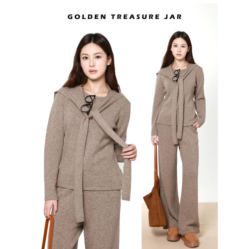 Golden Treasure Jar 可拆卸披肩羊毛针织上衣+阔腿裤子两件套女