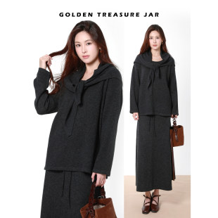 设计感可拆卸三角巾羊毛针织上衣半身裙套装 Jar Treasure Golden