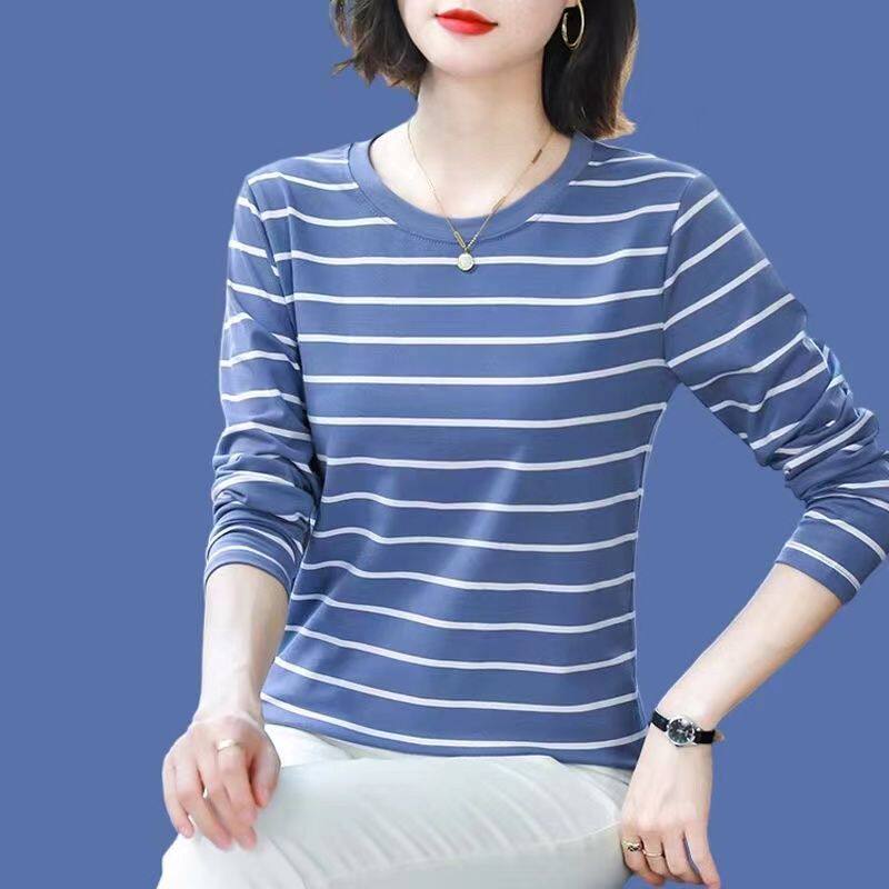 纯棉长袖T恤女春秋装2024新款大码宽松中年妈妈上衣服内搭打底衫