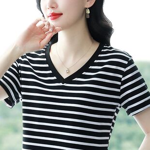 2024新款条纹正肩纯棉短袖t恤女上衣妈妈夏装大码宽松半袖好质量