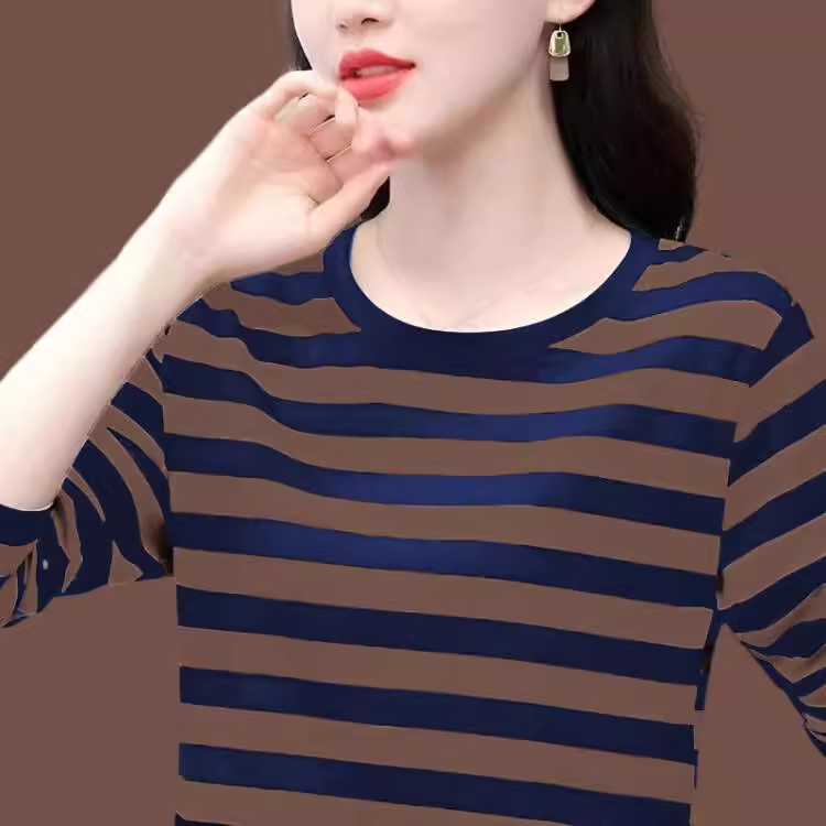 好质量纯棉条纹长袖T恤女高档妈妈春秋季新款大码宽松打底衫上衣