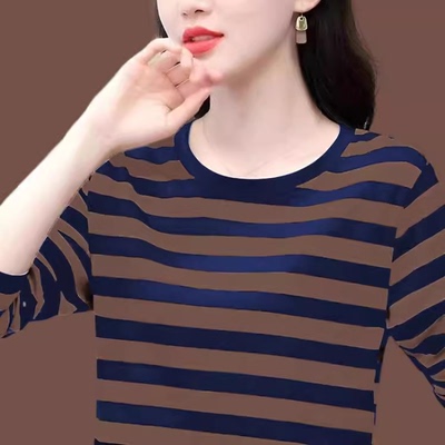 好质量纯棉条纹长袖T恤女高档妈妈春秋季新款大码宽松打底衫上衣