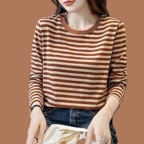 宽松纯棉长袖减龄上衣圆领条纹