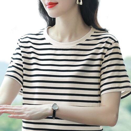 纯棉短袖t恤女新款夏装大码条纹宽松上衣服半袖体恤中年妈妈显瘦