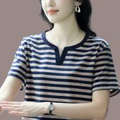 宽松洋气妈妈大码 棉质短袖 2025新款 条纹上衣夏季 体恤女 t恤女半袖