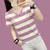 半袖 纯棉V领短袖 中年妈妈条纹体恤上衣服 宽松大码 新款 T恤女装 夏装