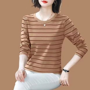 纯棉条纹长袖t恤女装春季新款中年妈妈打底衫宽松大码上衣服内搭