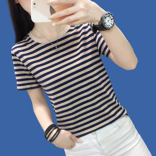 纯棉短袖女t恤新款夏装宽松上衣大码中年妈妈条纹半袖百搭体恤衫