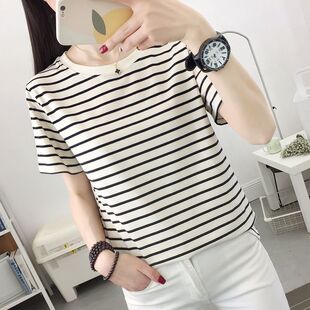 设计圆领百搭洋气上衣妈妈装 条纹纯棉短袖 宽松大码 新款 T恤女夏季