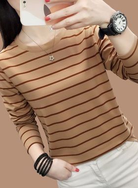 纯棉长袖t恤女上衣中年妈妈初秋新款大码宽松条纹打底衫秋衣外穿