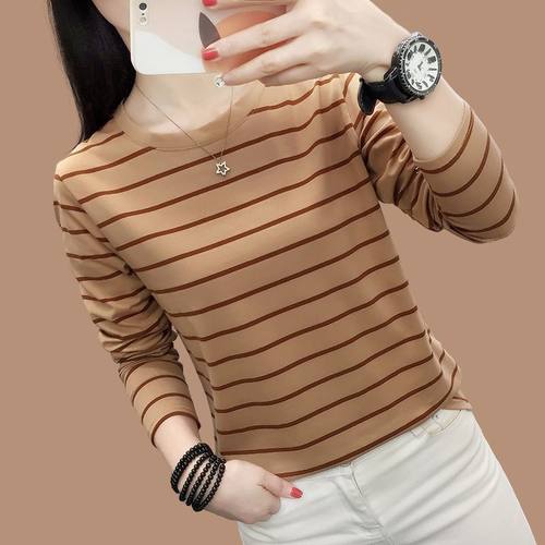 纯棉长袖t恤女上衣中年妈妈初秋新款大码宽松条纹打底衫秋衣外穿