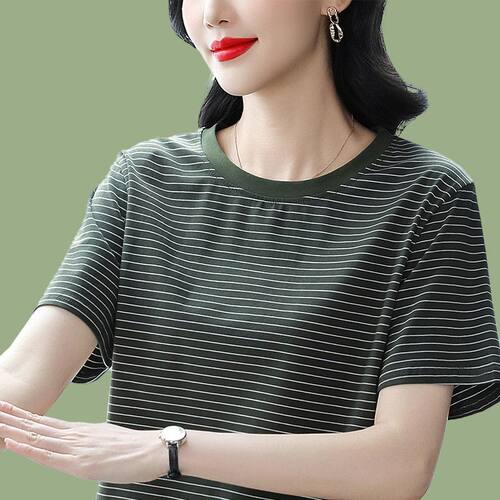 纯棉夏装新款短袖t恤女条纹宽松遮肚百搭体恤衫大码显瘦半袖上衣