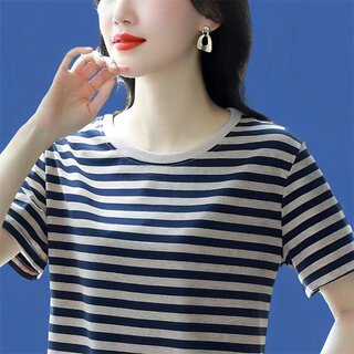 2025新款夏季纯棉短袖t恤女半袖条纹高档妈妈宽松大码体恤衫上衣