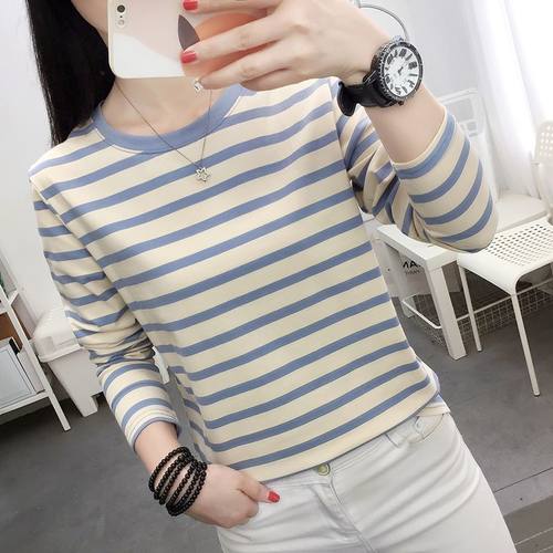2025新款纯棉长袖T恤女早秋装上衣服宽松大码条纹秋衣打底衫外穿