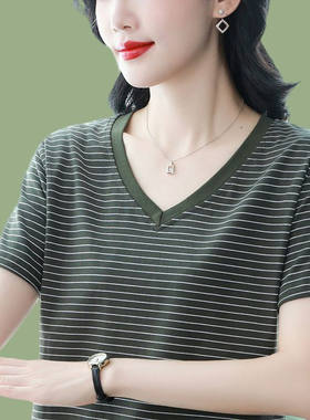 纯棉短袖t恤女新品夏季大码条纹宽松上衣半袖体恤衫中年妈妈女装