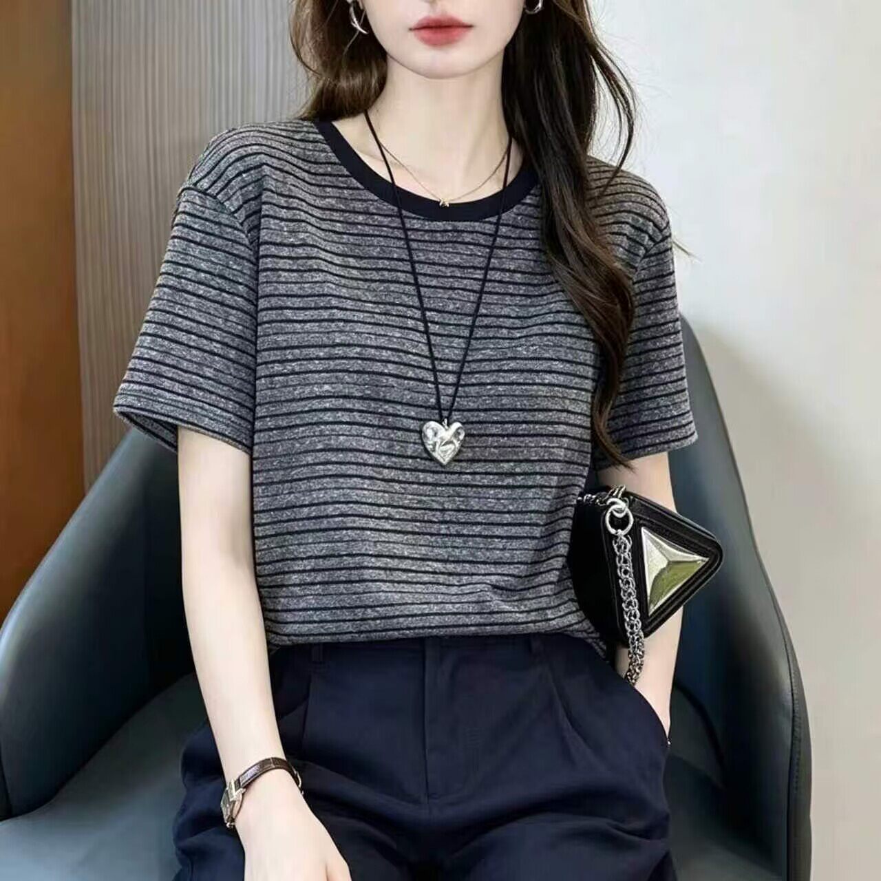 棉质短袖t恤女新款夏装条纹宽松大码上衣中年妈妈半袖遮肚子体恤