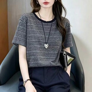 棉质短袖t恤女新款夏装条纹宽松大码上衣中年妈妈半袖遮肚子体恤