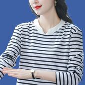 t恤女2025春季 宽松大码 装 打底衫 秋衣上衣服外穿 新款 纯棉条纹长袖