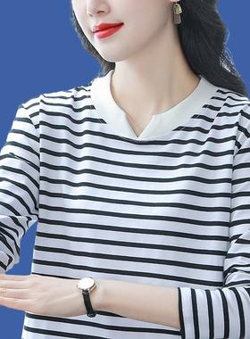 纯棉条纹长袖t恤女2025春季装新款打底衫宽松大码秋衣上衣服外穿