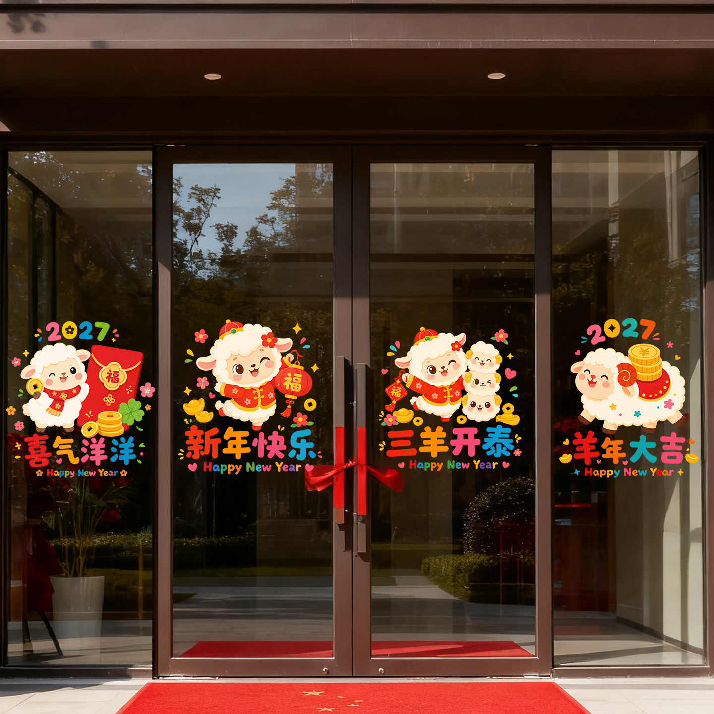 2027羊年卡通静电窗花玻璃贴