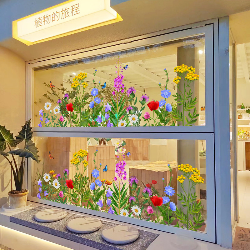 ins风网红店铺手绘卡通花草玻璃贴服装奶茶咖啡店橱窗推拉门布置