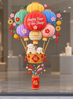 新年小羊橱窗装饰卡通玻璃贴膜店铺新年装饰布置春节福字玻璃膜