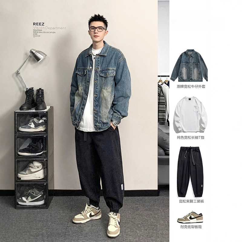 美式潮牌牛仔外套男春秋复古帅气