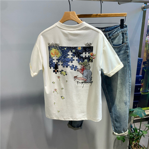 美式潮牌高端夏夜星空印花短袖T桖男士夏季新款痞帅宽松半袖体恤