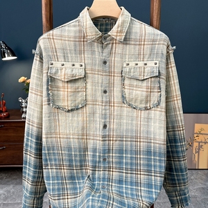 春秋季美式复古渐变格子衬衫衬衣宽松男女磨破下摆外套ins上衣潮