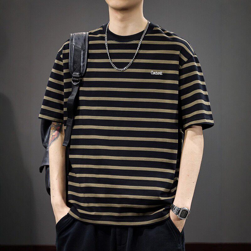 夏季新款休闲纯棉条纹短袖t恤男美式复古宽松圆领半袖体恤海魂衫