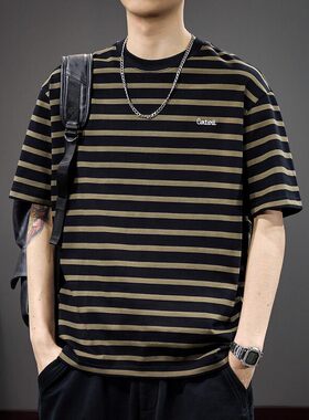 夏季新款休闲纯棉条纹短袖t恤男