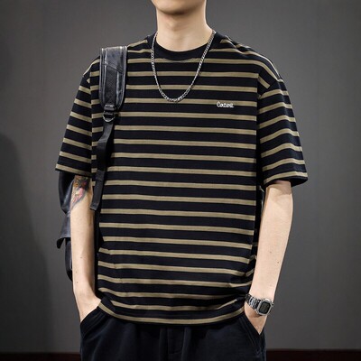 夏季新款休闲纯棉条纹短袖t恤男