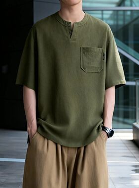亨利领亚麻男士t恤短袖军绿色