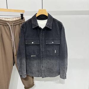 时尚渐变水洗牛仔长袖衬衫男秋季新款休闲工装口袋翻领衬衣小外套