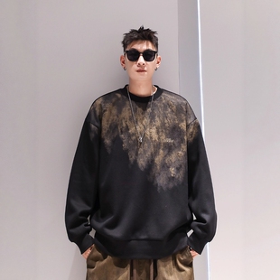 美式刺绣扎染圆领套头卫衣男秋季重磅美式潮牌大码宽松设计感上衣