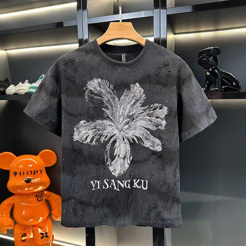 潮牌男士品质轻奢破洞设计感短袖