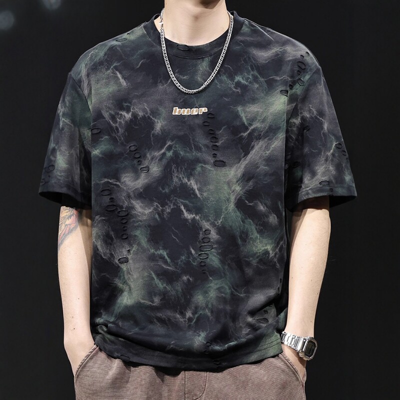 2026新款上衣潮牌薄款短袖T恤男宽松休闲夏季假破洞凉感半袖体恤